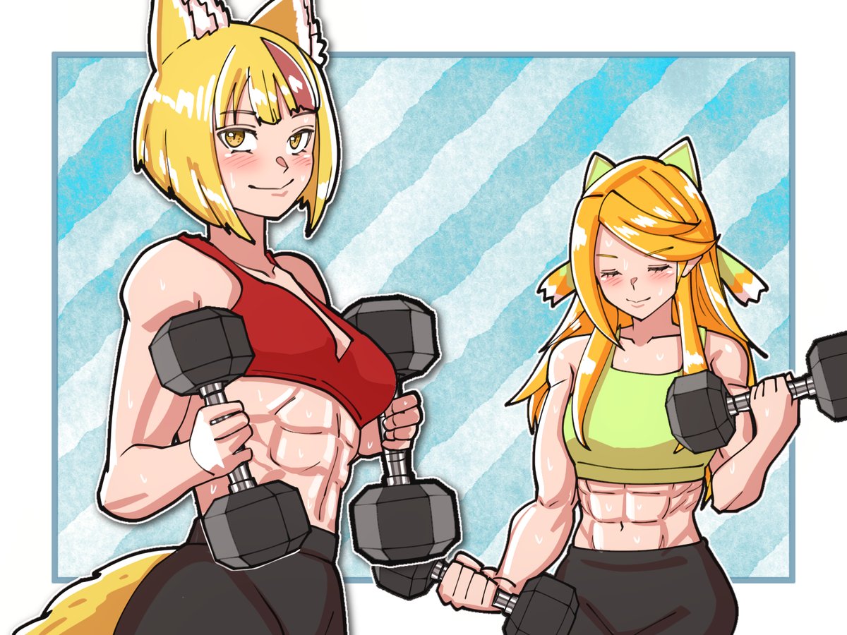 2girls abs animal_ears blonde_hair bob_cut closed_mouth commission crop_top dumbbell etie_(fire_emblem) exercise fire_emblem fire_emblem_engage fire_emblem_fates fox_ears fox_girl fox_tail mnejing30 multiple_girls selkie_(fire_emblem) sports_bra tail weightlifting yellow_eyes