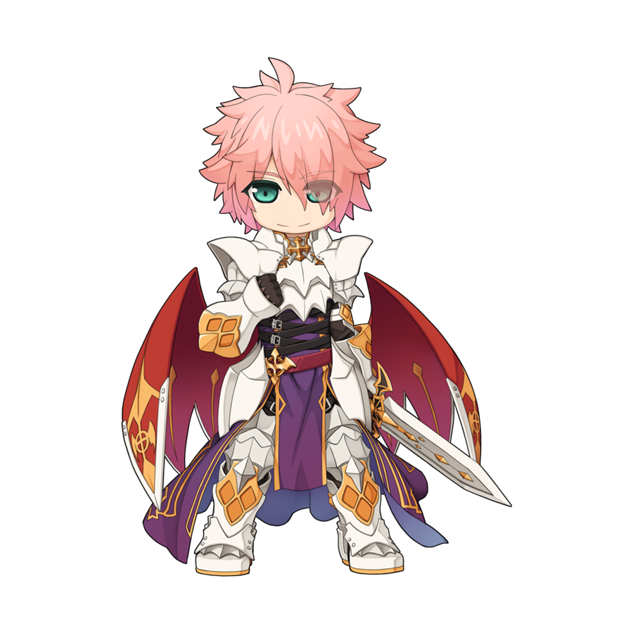 1boy armor armored_boots black_gloves blue_eyes boots breastplate cape chibi clenched_hand closed_mouth cross dragon_knight_(ragnarok_online) eyes_visible_through_hair full_body gauntlets gloves hair_between_eyes holding holding_sword holding_weapon leg_armor long_bangs looking_at_viewer male_focus official_art pauldrons pink_hair purple_tabard ragnarok_online red_cape short_hair shoulder_armor simple_background smile solo standing sword tabard tachi-e transparent_background weapon yuichirou