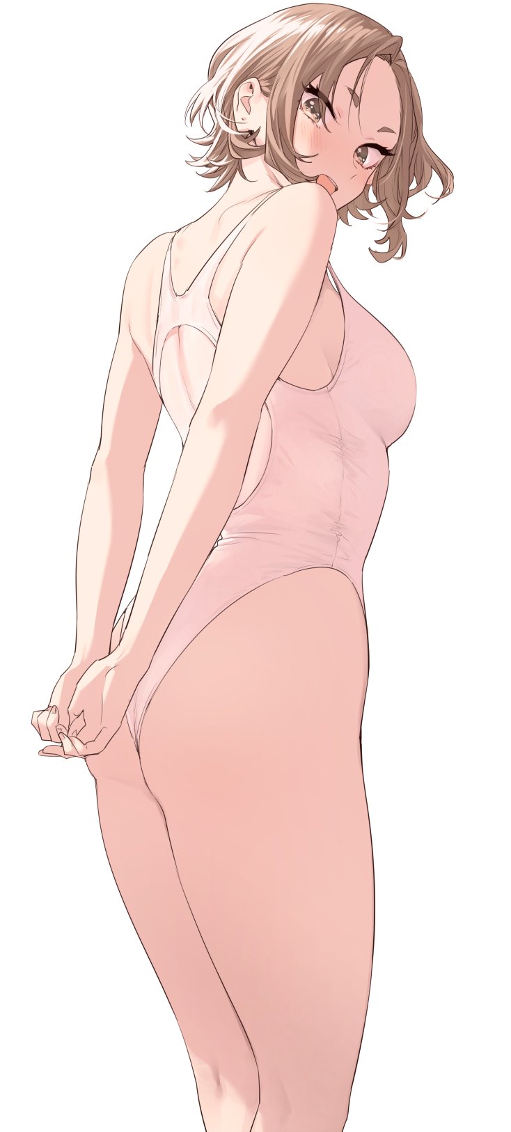 1girl arms_behind_back ass blush breasts brown_eyes brown_hair from_behind goshiki_suzu highleg highleg_swimsuit highres large_breasts looking_at_viewer looking_back one-piece_swimsuit open_mouth original own_hands_together short_hair simple_background solo swimsuit white_background