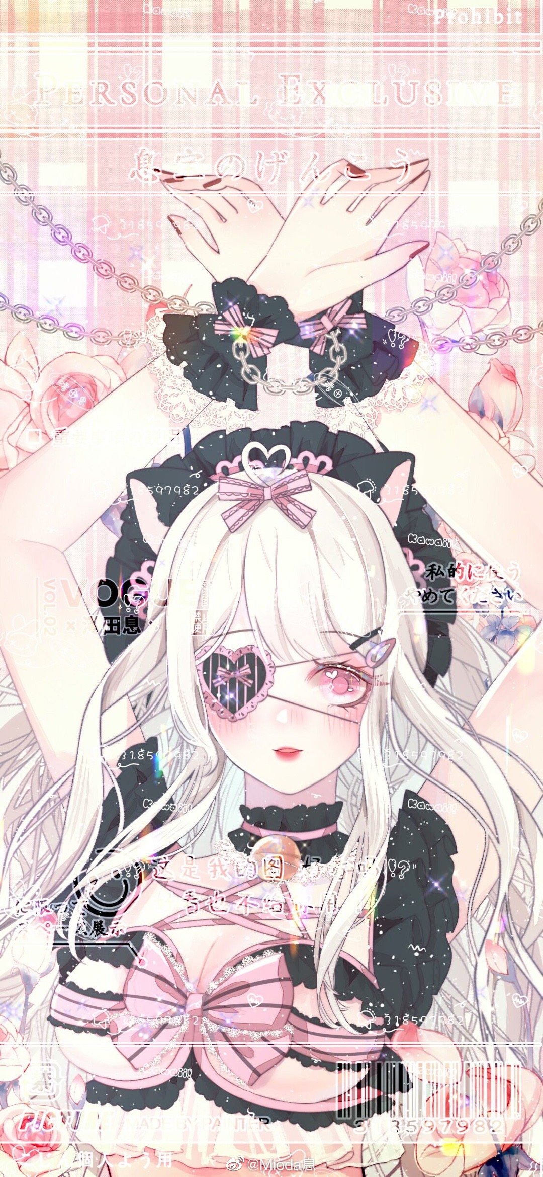 1girl animal_ears arms_up barcode bare_arms bare_shoulders bcy_username bell black_headdress black_wrist_cuffs blonde_hair bound bound_wrists bow bra breasts bud cat_ears chain chinese_commentary choker commentary_request eyelashes eyepatch floral_background flower frilled_bra frilled_choker frilled_wrist_cuffs frills hair_bow hair_ornament hairclip heart heart_eyepatch heart_in_eye highres large_breasts light_blush light_smile lipstick long_hair looking_at_viewer makeup mioda_xi nail_polish neck_bell original parted_lips pink_bow pink_choker pink_eyes pink_flower pink_rose plaid plaid_background red_background red_lips red_nails rose sample_watermark shibari simple_background single_sidelock solo striped_bow symbol_in_eye teeth underwear upper_body upper_teeth_only watermark wavy_hair weibo_logo weibo_username wrist_bow wrist_cuffs