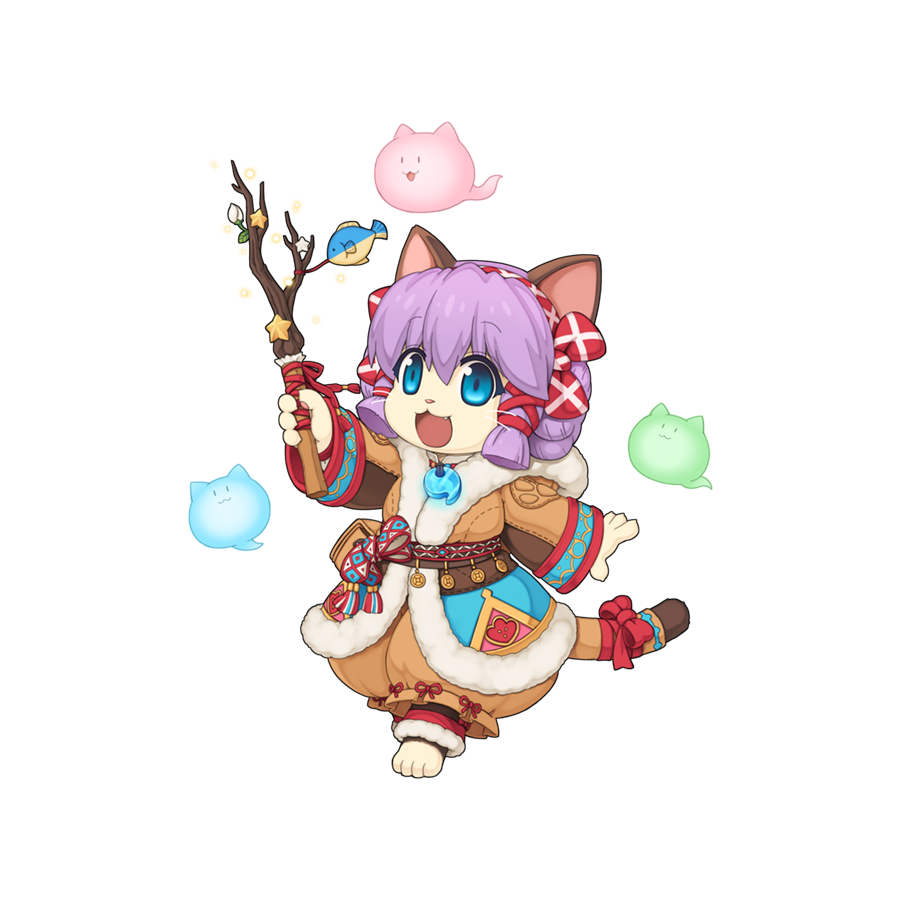 1girl :3 animal_ears barefoot blue_eyes bow brown_coat brown_pants cat_ears cat_girl cat_tail charm_(object) chibi coat fang fish_charm full_body fur_coat furry furry_female ghost hair_between_eyes hairband holding holding_wand jewelry long_sleeves looking_at_viewer magatama magatama_necklace magic medium_bangs necklace official_art open_mouth pants pouch purple_hair ragnarok_online red_bow red_hairband short_hair simple_background smile solo spirit_handler_(ragnarok_online) standing tachi-e tail tail_bow tail_ornament transparent_background walking wand yuichirou