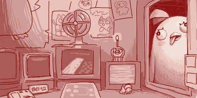 bird blue_archive blush_stickers bulging_eyes candle character_food character_request crt crumpled_paper cupcake electric_fan five_nights_at_freddy's five_nights_at_freddy's_1 food indoors looking_at_viewer looking_inside lowres maibotsumou monitor monochrome no_humans oekaki parody peroro_(blue_archive) poster_(object) red_theme tablet_pc tongue tongue_out wall-eyed window