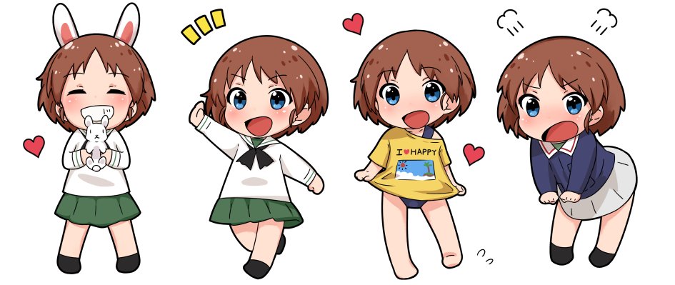 1girl angry animal_ears blue_eyes blush brown_hair chibi closed_eyes full_body girls_und_panzer heart multiple_views nekopantsu_(blt) ooarai_military_uniform ooarai_school_uniform open_mouth rabbit rabbit_ears sakaguchi_karina school_uniform shirt short_hair smile swimsuit swimsuit_under_clothes t-shirt