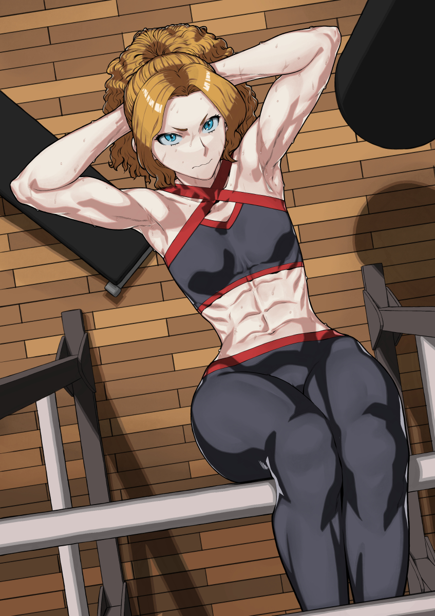 1girl abs armpits arms_behind_head blue_eyes exercise highres looking_at_viewer looking_up muscular muscular_female orange_hair original punching_bag rggr solo struggling sweat tank_top toned wooden_floor