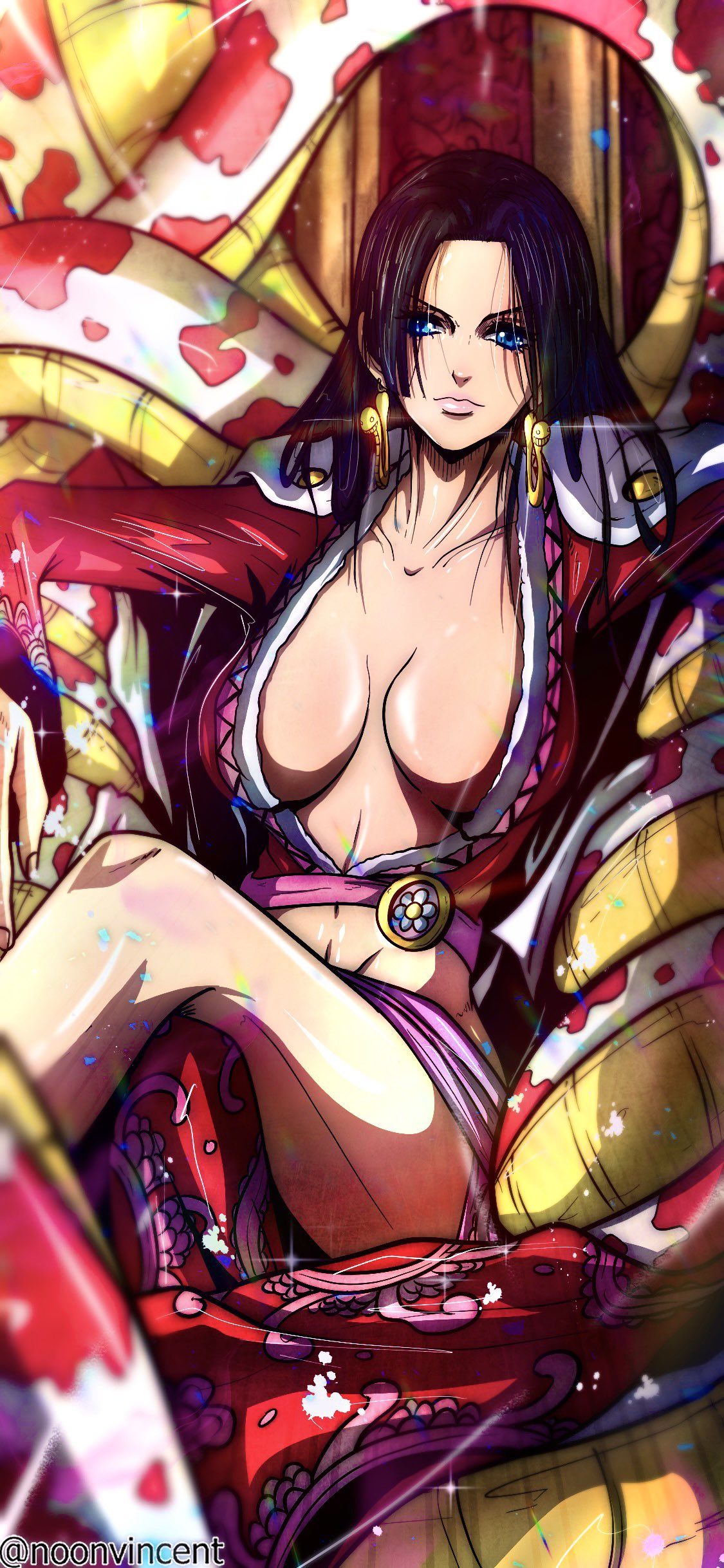1girl absurdres artist_name black_hair blue_eyes boa_hancock closed_mouth commentary crossed_legs earrings highres jewelry long_hair looking_at_viewer noonvincent one_piece sitting snake_earrings solo