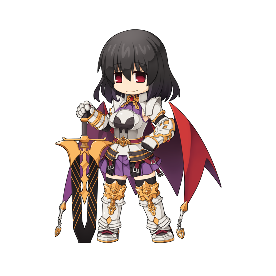 1girl armor armored_boots black_gloves black_hair black_thighhighs boots breastplate breasts cape chibi clenched_hand closed_mouth cross dragon_knight_(ragnarok_online) fake_wings full_body gauntlets gloves hair_between_eyes holding holding_sword holding_weapon looking_at_viewer medium_bangs medium_breasts medium_hair miniskirt official_art pauldrons planted planted_sword purple_shirt purple_skirt ragnarok_online red_cape red_eyes shirt shoulder_armor simple_background skirt sleeveless sleeveless_shirt smile solo standing sword tabard tachi-e thighhighs transparent_background weapon wings yuichirou
