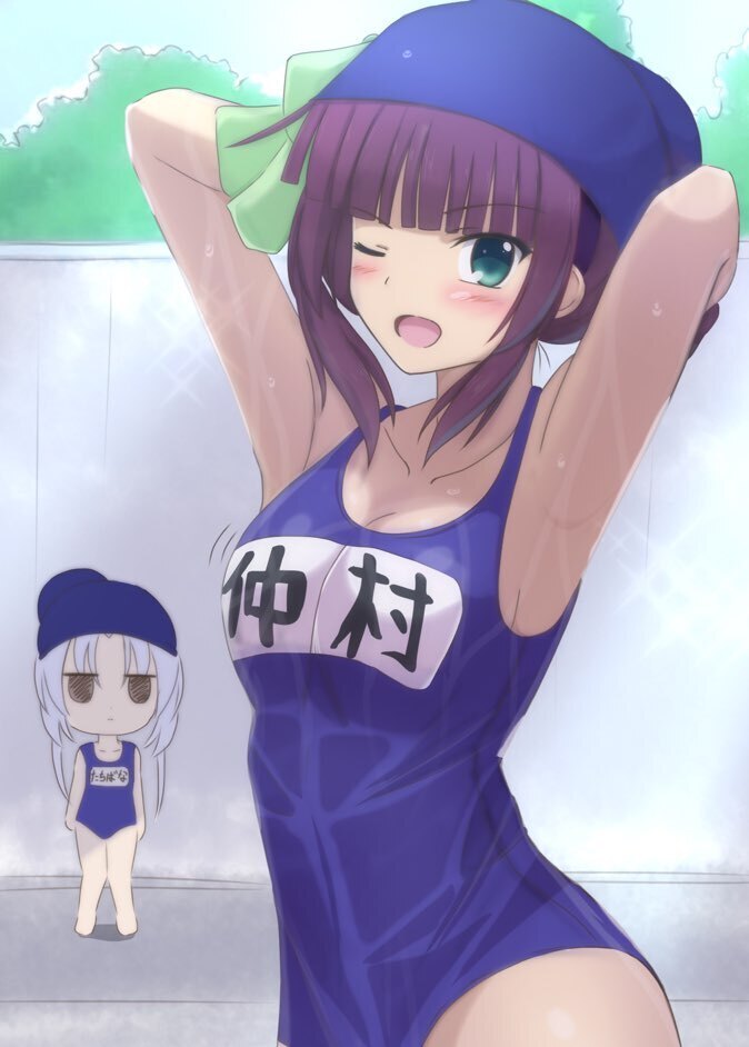 2girls ;d angel_beats! armpits arms_at_sides arms_up blue_one-piece_swimsuit blunt_bangs blush bow breasts character_name chibi chibi_inset cleavage collarbone commentary_request cowboy_shot curvy day expressionless green_bow green_eyes hair_bow happy jitome lelie_(lelie_link) looking_at_another looking_at_viewer medium_breasts medium_hair motion_lines multiple_girls nakamura_yuri one-piece_swimsuit one_eye_closed open_mouth outdoors paid_reward_available purple_hair school_swimsuit sidelocks smile solo_focus sparkle standing straight_hair swim_cap swimsuit tachibana_kanade v-shaped_eyebrows wet