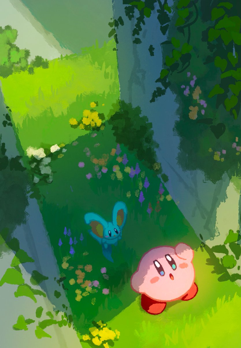 2boys aruco_co colored_skin elfilin floating from_above highres kirby kirby_(series) kirby_and_the_forgotten_land looking_up multiple_boys on_grass open_mouth pink_skin shadow standing