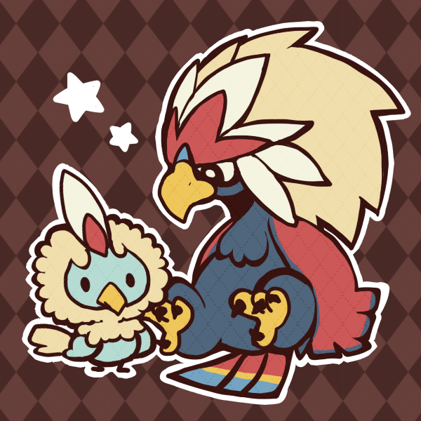 animal_focus argyle_background bird braviary bright_pupils brown_background closed_mouth evolutionary_line full_body kotorai no_humans outline pokemon pokemon_(creature) rufflet solid_oval_eyes star_(symbol) talons white_outline white_pupils