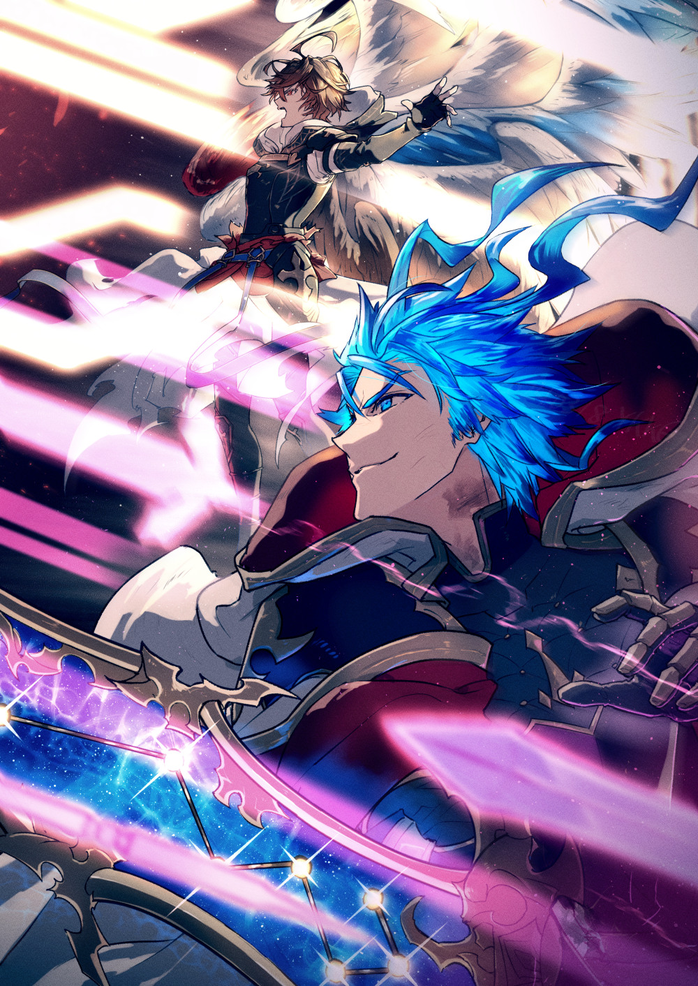 2boys ahoge alternate_hair_color armor bishounen blue_eyes blue_hair blue_wings breastplate brown_hair bruise cape commentary commentary_request fighting fingerless_gloves from_side furrowed_brow gauntlets gloves granblue_fantasy hair_between_eyes highres hood hood_down injury jacket light male_focus messy_hair multiple_boys outstretched_arms parted_bangs red_eyes red_wings sandalphon_(granblue_fantasy) seofon_(granblue_fantasy) short_hair smile spiked_hair spoilers star_(sky) turtleneck waldtrad white_cape white_jacket white_wings wings