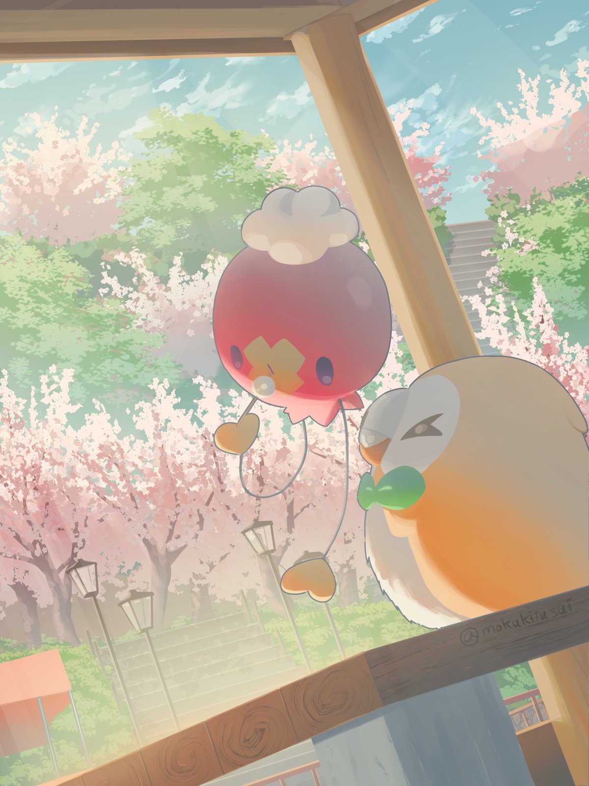 &gt;_&lt; closed_eyes cloud commentary_request day drifloon highres holding lamppost mokukitusui no_humans outdoors pokemon pokemon_(creature) rowlet sky stairs tree twitter_username