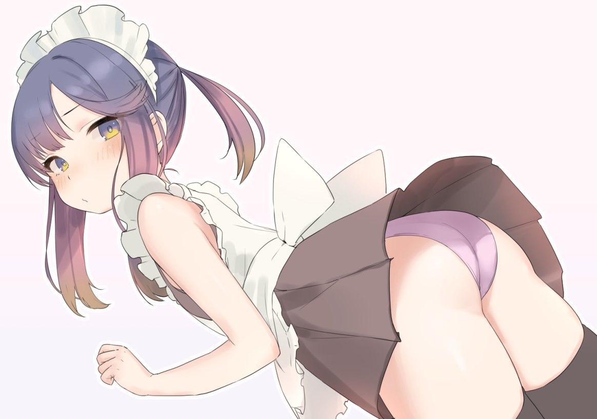 1girl apron ass black_dress black_thighhighs blush commentary dress flat_chest gradient_hair kantai_collection long_hair looking_at_viewer looking_back maid maid_apron maid_headdress multicolored_hair panties pink_panties ponytail purple_hair sakieko sidelocks solo thighhighs tsushima_(kancolle) underwear white_apron yellow_eyes