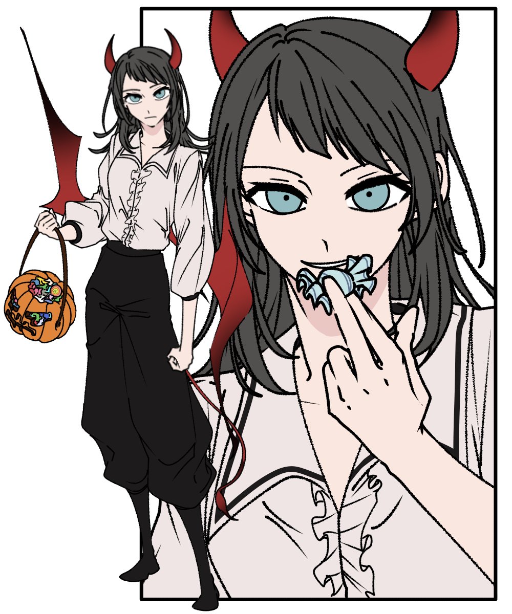 1girl a_jak bang_dream! bang_dream!_it's_mygo!!!!! black_hair black_skirt blue_eyes bucket candy center_frills closed_mouth food frills highres holding holding_bucket holding_candy holding_food horns jack-o'-lantern long_hair long_sleeves multiple_views parted_lips shirt simple_background skirt smile trick-or-treating white_background white_shirt wings yahata_umiri