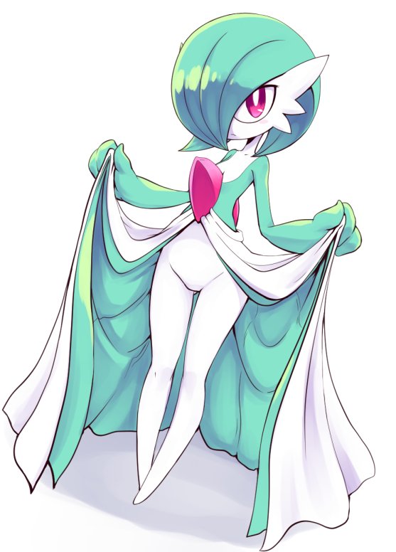 clothes_lift colored_skin dress dress_lift gardevoir green_hair hair_over_one_eye looking_at_viewer multicolored_skin nollety pink_eyes pokemon pokemon_(creature) simple_background two-tone_skin white_background white_dress white_skin