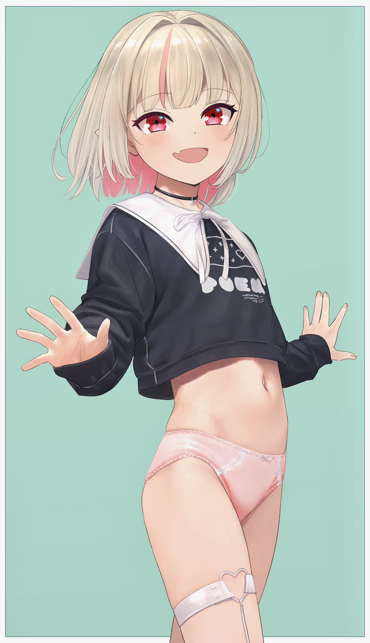 1girl black_choker blonde_hair border choker fang heart_o-ring highres looking_at_viewer makaino_ririmu multicolored_hair navel nijisanji no_pants open_mouth panties pink_panties pointy_ears red_eyes sabamen short_hair simple_background skin_fang smile solo streaked_hair underwear virtual_youtuber white_border