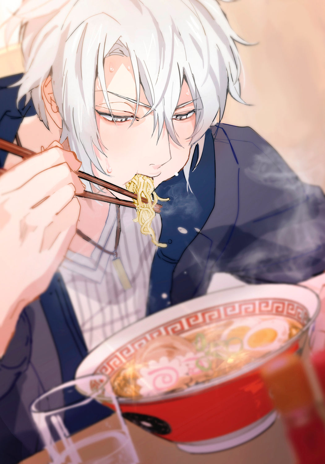 1boy blue_vest blurry chopsticks depth_of_field dog_tags eating food from_side glass grey_eyes grey_jacket hair_between_eyes head_down highres holding holding_chopsticks idolish7 indoors jacket leaning_forward light_blush looking_down male_focus noodles parted_bangs portrait puffy_cheeks ramen rinunu shirt short_hair sidelocks sleeves_rolled_up solo steam striped_clothes table vest white_hair white_shirt yaotome_gaku