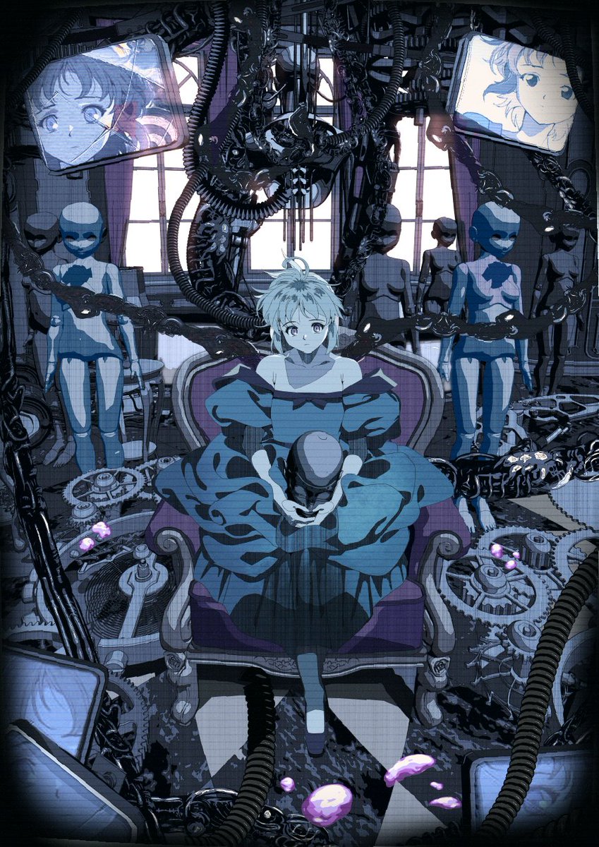 1girl ahoge armchair bare_shoulders chair dress edoya_inuhachi expressionless gears highres indoors key_the_metal_idol looking_at_viewer machinery mannequin mima_tokiko monitor multiple_views off-shoulder_dress off_shoulder science_fiction short_hair sitting window