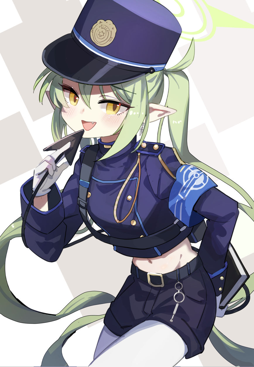 1girl black_hat black_shirt black_shorts black_tail blue_archive blush cowboy_shot demon_tail earrings fang gloves green_hair green_halo halo hat highres jewelry long_hair long_sleeves looking_at_viewer open_mouth pantyhose peaked_cap shadowsinking shirt shorts smile solo tail white_gloves white_pantyhose yellow_eyes