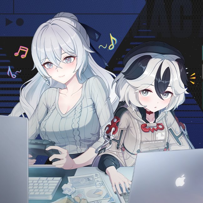 2girls aran_sweater beamed_sixteenth_notes beret black_hair black_hat black_nails black_shirt blush breasts bronya_zaychik bronya_zaychik_(silverwing:_n-ex) brown_jacket cable_knit cellysticks cleavage closed_mouth commentary_request computer controller coralie_(honkai_impact) eighth_note game_controller grey_eyes grey_hair grey_sweater hair_between_eyes hat holding honkai_(series) honkai_impact_3rd jacket keyboard_(computer) laptop long_hair long_sleeves medium_breasts multicolored_hair multiple_girls musical_note nail_polish notice_lines parted_lips ponytail puffy_long_sleeves puffy_sleeves ribbed_sweater shirt smile sweater two-tone_hair upper_body very_long_hair