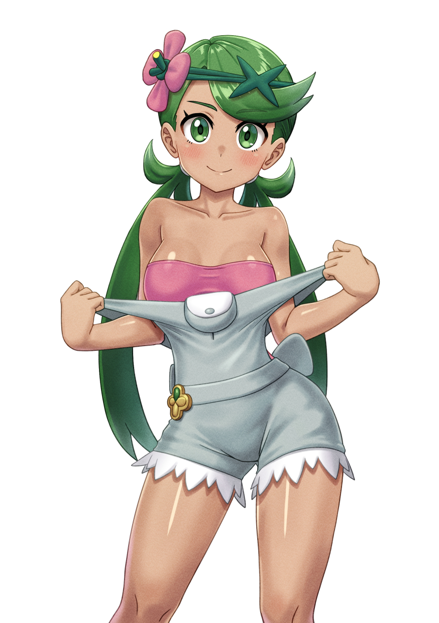 1girl blush breasts closed_mouth collarbone commentary_request els_(ljhlee12) eyelashes flower green_eyes green_hair green_headband grey_overalls hair_flower hair_ornament headband highres knees long_hair looking_at_viewer mallow_(pokemon) overalls pink_shirt pokemon pokemon_sm shiny_skin shirt smile solo strapless strapless_shirt swept_bangs twintails white_background