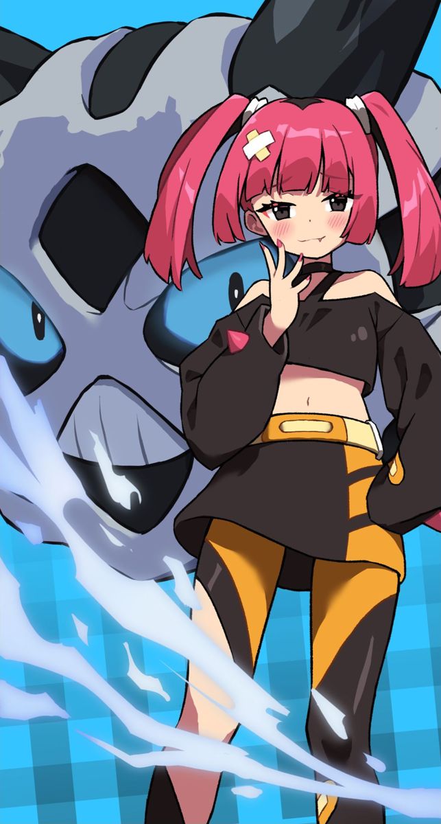 1girl belt blue_background blush closed_mouth commentary_request coral_(pokemon) eyelashes fang fang_out glalie hair_ornament hand_on_own_hip hand_up highres nail_polish off-shoulder_shirt off_shoulder pantyhose parex_(vpnn8573) pink_hair pink_nails pokemon pokemon_(anime) pokemon_(creature) pokemon_horizons shirt skirt smile twintails yellow_belt