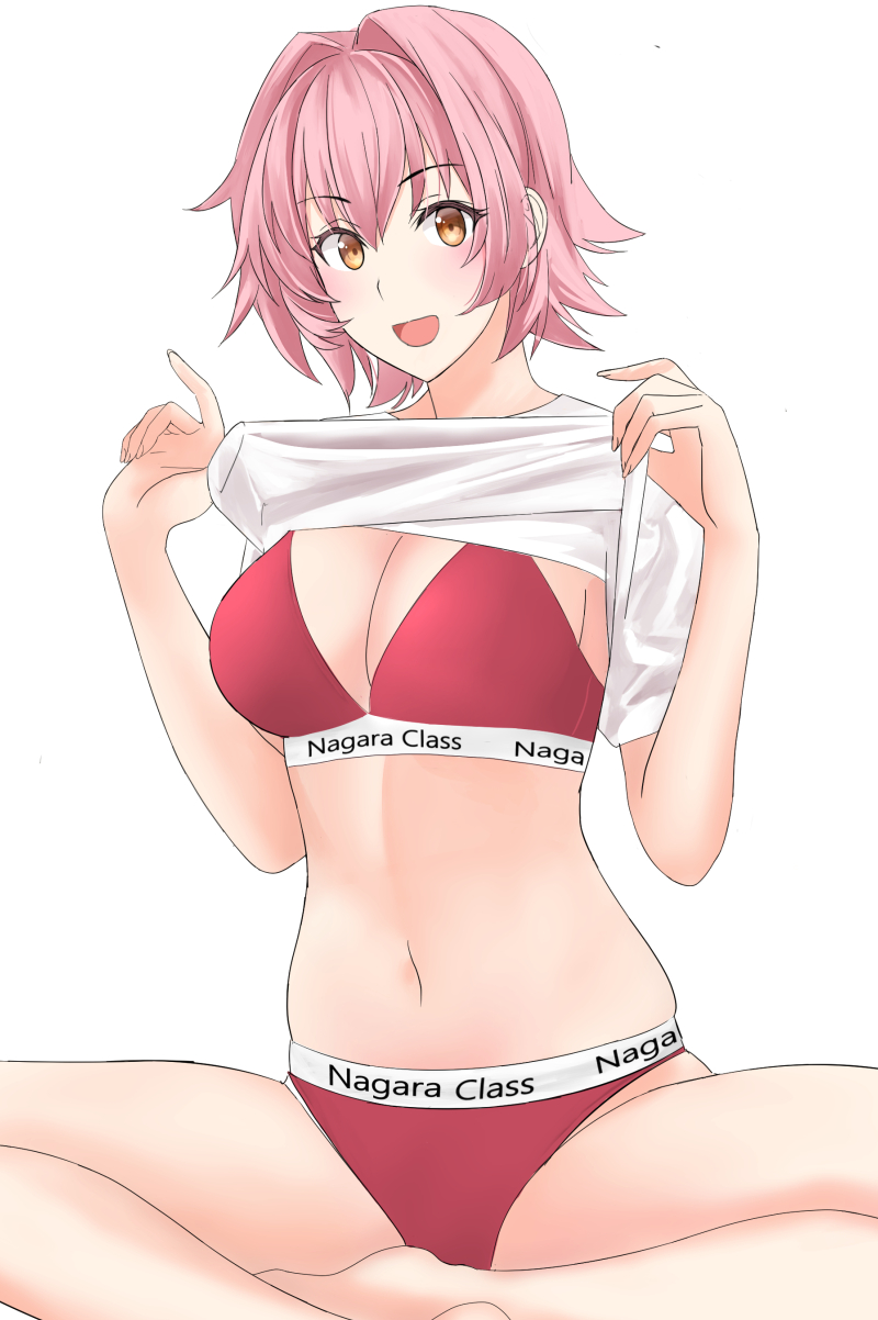 1girl bra breasts calvin_klein cleavage clothes_lift clothes_writing commentary_request hair_intakes highres indian_style kantai_collection kinu_(kancolle) large_breasts lifted_by_self orange_eyes panties red_bra red_eyes red_panties shirt shirt_lift short_hair simple_background sitting smile solo takase_asagiri underwear white_background white_shirt
