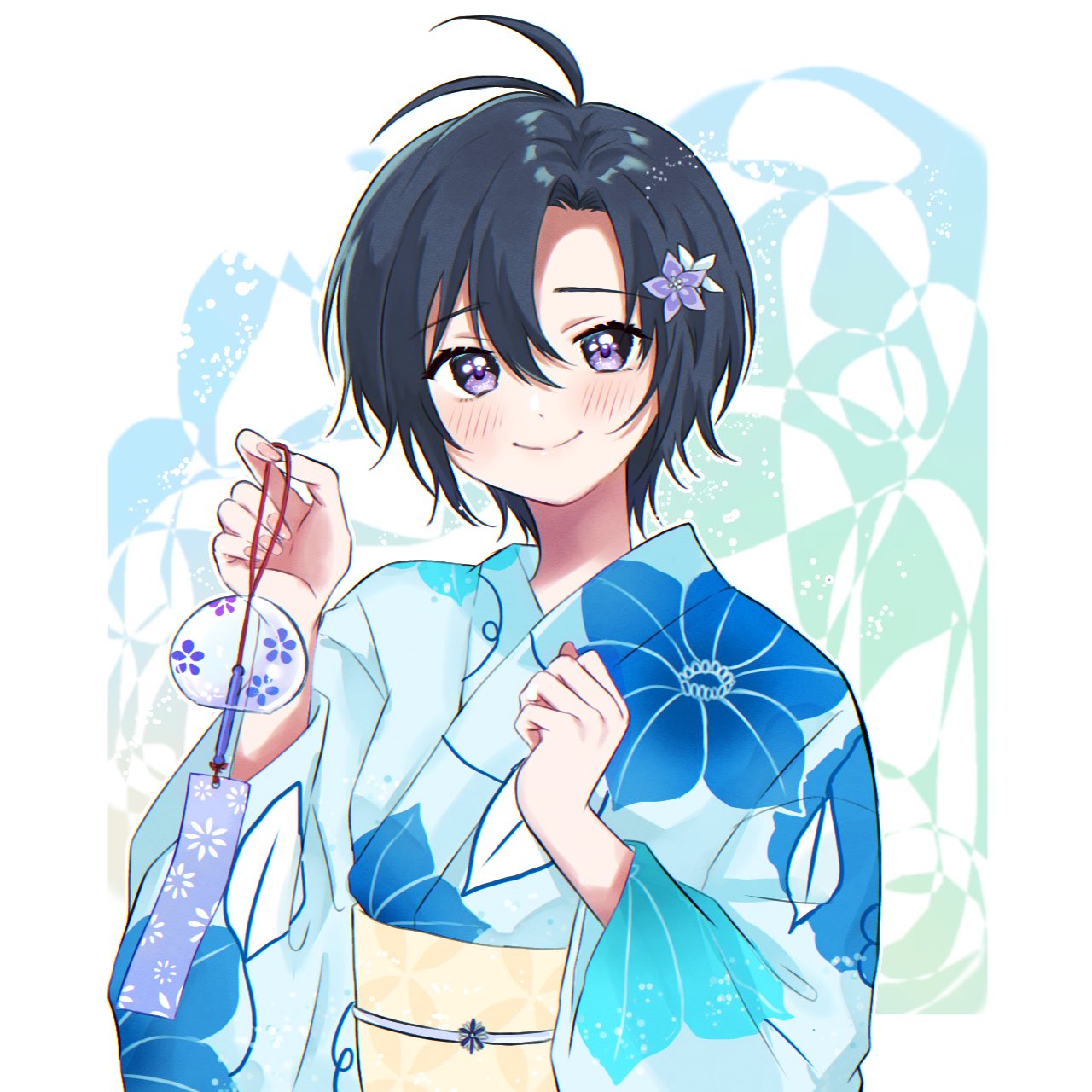 1girl antenna_hair black_hair blue_kimono floral_print flower hair_between_eyes hair_flower hair_ornament highres holding holding_wind_chime idolmaster idolmaster_(classic) japanese_clothes kikuchi_makoto kimono kitajima_(0216_ktjm) looking_at_viewer obi purple_eyes sash short_hair smile solo upper_body wind_chime