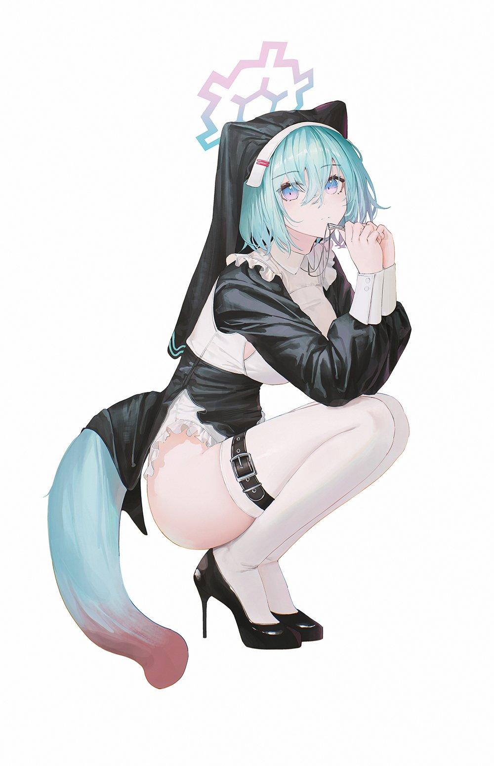 1girl alternate_costume animal_ears bare_hips black_footwear blue_archive blue_eyes blue_hair breasts collar crossed_bangs flippy_(cripine111) frills full_body halo high_heels highres holding holding_collar light_blue_hair looking_at_viewer multicolored_eyes multicolored_tail nun pink_eyes shigure_(blue_archive) sideboob simple_background solo tail thigh_strap thighhighs veil weasel_ears weasel_girl weasel_tail white_background