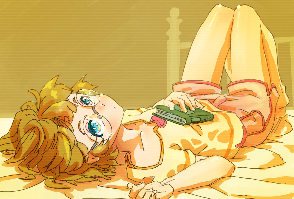 1girl bed blue_eyes book ei_(eikun) expressionless glasses ichinose_minori knees_up light_brown_hair looking_at_viewer lying on_back on_bed precure round_eyewear shirt short_hair shorts sketch solo thigh_gap tropical-rouge!_precure