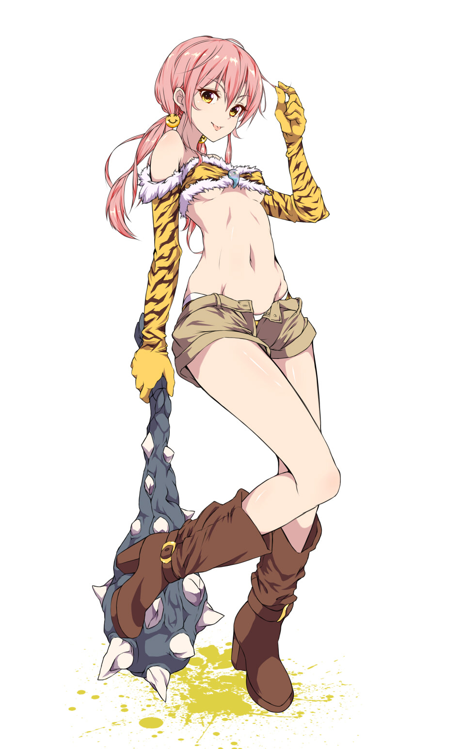 :p alternate_hairstyle animal_print ashuku bandeau bangs bare_shoulders belt_boots boots bow breasts brown_footwear buckle elbow_gloves full_body fur_trim gloves hair_between_eyes hair_bow hair_ornament hair_tousle highres idolmaster idolmaster_cinderella_girls jougasaki_mika long_hair looking_at_viewer low_twintails mace magatama midriff navel no_socks oni open_fly panties panty_peek pink_hair print_gloves short_sleeves shorts simple_background small_breasts smile smiley_face solo spiked_mace standing standing_on_one_leg strapless tiger_print tongue tongue_out twintails unbuttoned underboob underwear unzipped v-shaped_eyebrows weapon white_background yellow_eyes