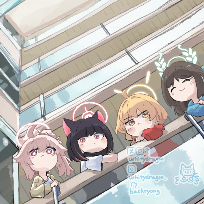 4girls ^_^ after-school_sweets_club_(blue_archive) ahoge airi_(band)_(blue_archive) airi_(blue_archive) album_cover_redraw animal_ears artist_name balcony black_hair blonde_hair blue_archive blue_coat blush brown_hair cat_ears chibi closed_eyes coat colored_inner_hair commentary derivative_work from_below halo kazusa_(band)_(blue_archive) kazusa_(blue_archive) looking_at_viewer multicolored_hair multiple_girls natsu_(band)_(blue_archive) natsu_(blue_archive) official_alternate_costume pink_hair please_please_me red_coat shirt the_beatles two-tone_hair white_shirt whitydragon yellow_coat yoshimi_(band)_(blue_archive) yoshimi_(blue_archive)