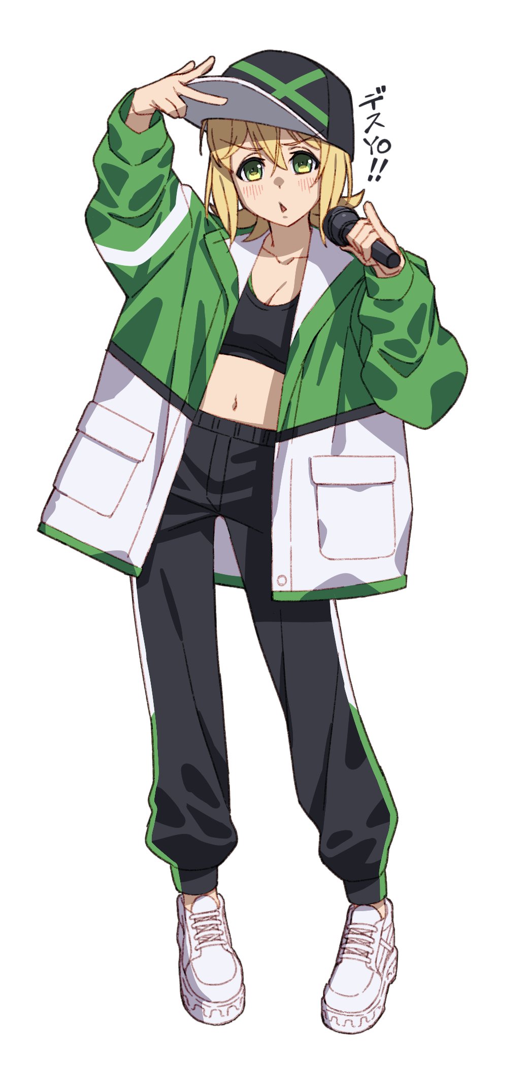 1girl akatsuki_kirika baseball_cap black_hat black_pants black_sports_bra blonde_hair breasts cleavage full_body green_eyes green_jacket hair_between_eyes hat highres holding holding_microphone jacket looking_at_viewer medium_hair microphone midriff open_clothes open_jacket pants rapping senki_zesshou_symphogear shoes simple_background small_breasts sneakers solo sports_bra track_pants triangle_mouth tsukamoto_kensuke white_background white_footwear