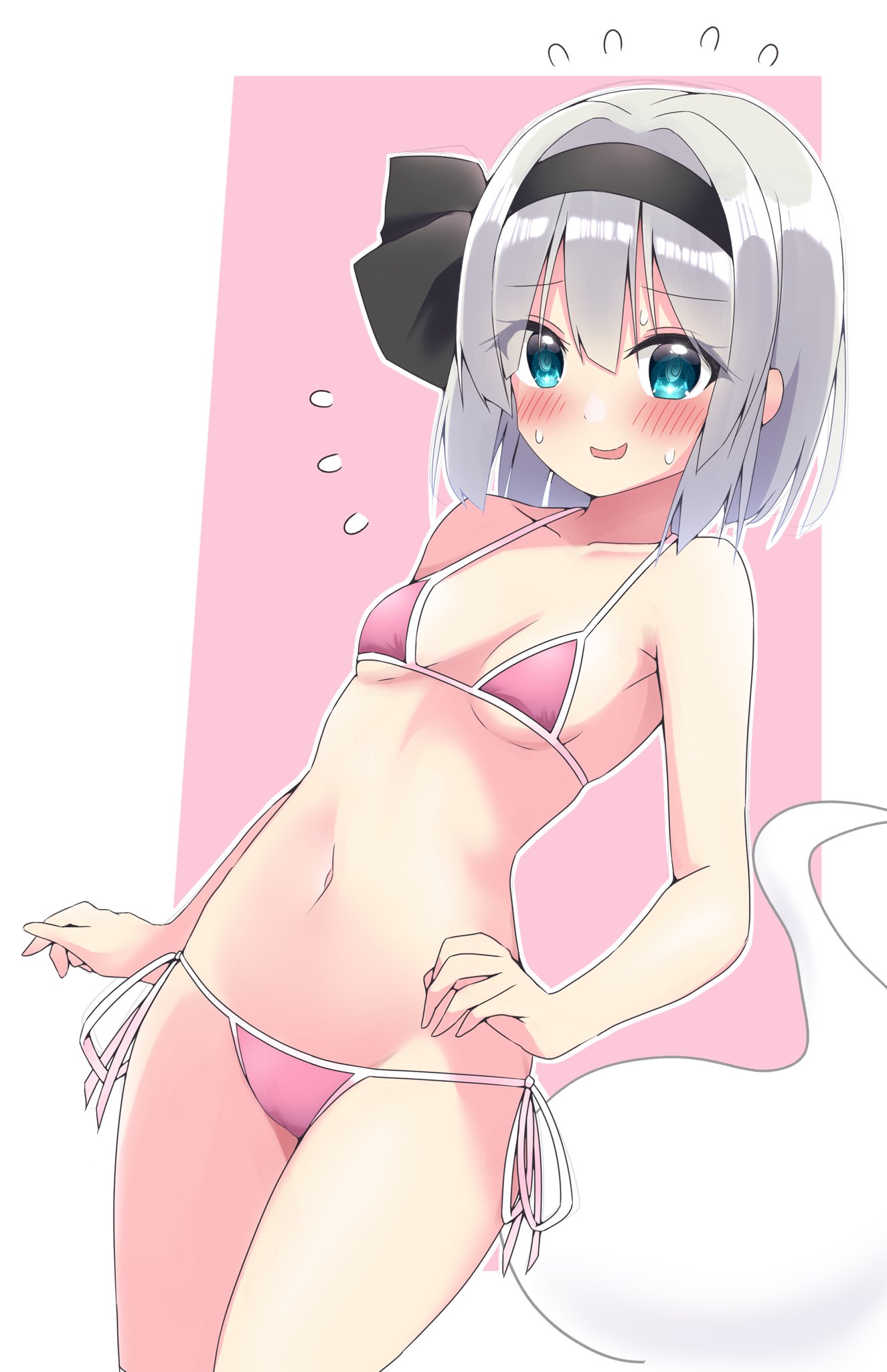 1girl 1other armpit_crease bikini black_bow black_hairband blue_eyes blush bob_cut bow breasts collarbone commentary_request cowboy_shot embarrassed flying_sweatdrops grey_hair hair_between_eyes hair_bow hairband halterneck highres hitodama konpaku_youmu konpaku_youmu_(ghost) looking_at_viewer micro_bikini navel open_mouth pink_background pink_bikini shishiky short_hair small_breasts solo_focus stomach string_bikini sweat swimsuit thighs touhou white_background