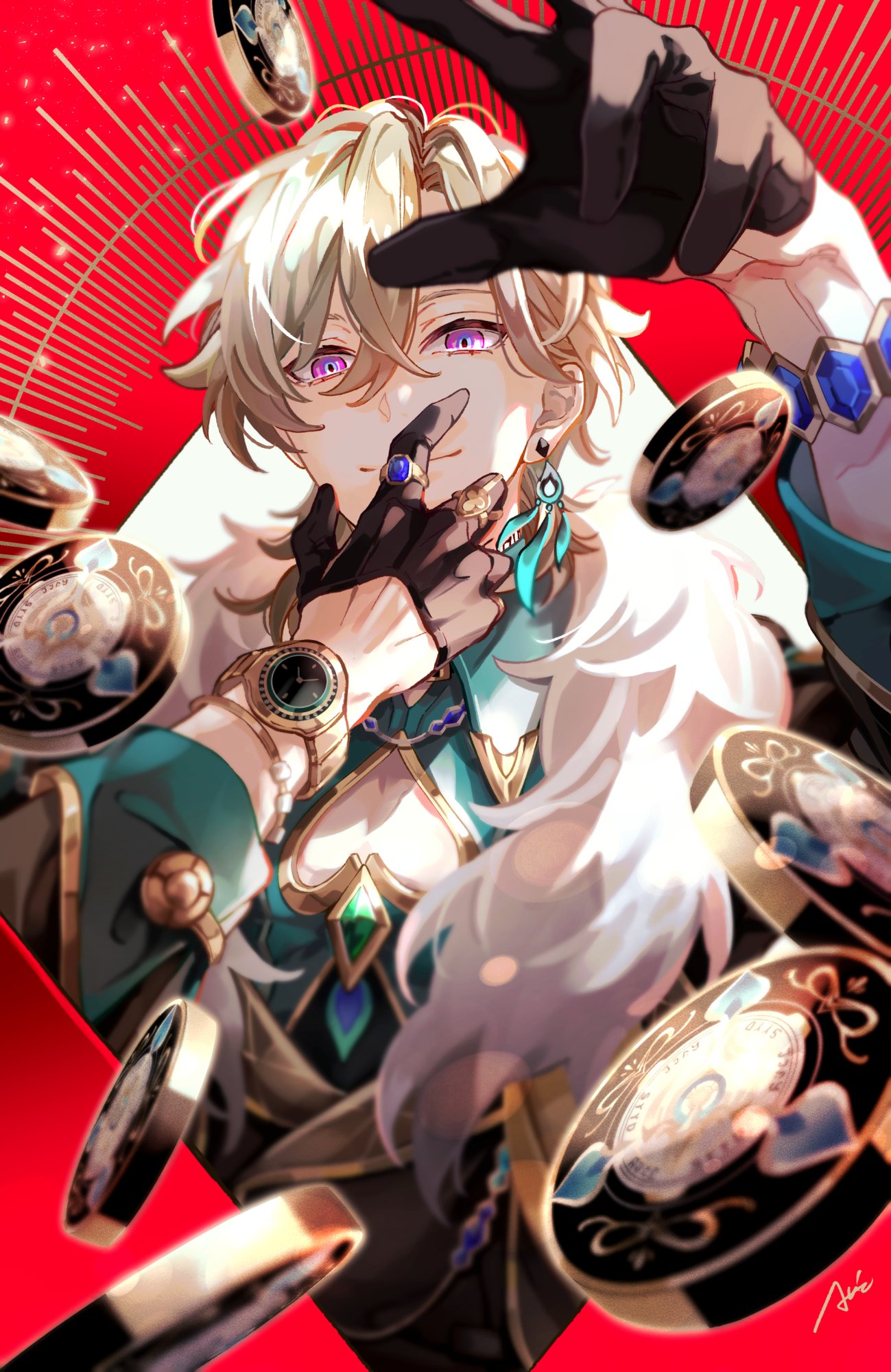 1boy akito_hskz aqua_shirt aventurine_(honkai:_star_rail) black_gloves blonde_hair bracelet closed_mouth clothing_cutout collared_shirt covering_own_mouth earrings fur_trim gloves hair_between_eyes hand_over_own_mouth highres honkai:_star_rail honkai_(series) jewelry looking_at_viewer male_focus multicolored_eyes pectoral_cleavage pectorals poker_chip red_background ring shirt short_hair solo two-tone_eyes watch wristwatch