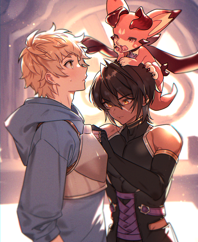 2boys armor backlighting black_hair blue_hoodie blush breastplate commentary_request dark-skinned_male dark_skin from_side gran_(granblue_fantasy) granblue_fantasy hair_between_eyes height_difference hood hood_down hoodie jamil_(granblue_fantasy) light_brown_hair light_particles mako_(ikuji-san) male_focus multiple_boys pectorals profile shirt sleeveless sleeveless_shirt sweatdrop toned toned_male upper_body vyrn_(granblue_fantasy) window yaoi yellow_eyes