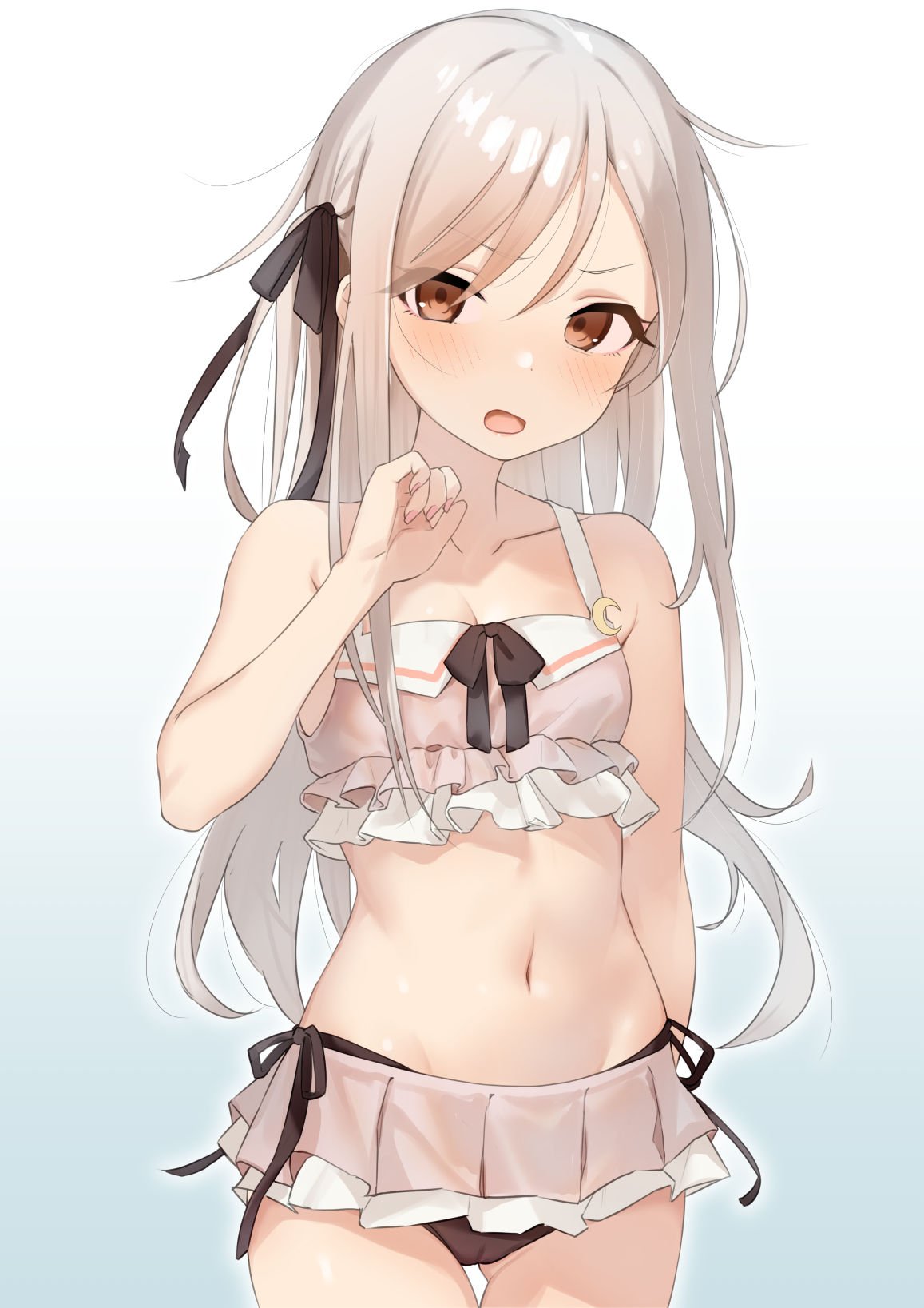 1girl bare_arms bare_legs bare_shoulders bikini blush brown_eyes collarbone cowboy_shot crescent crescent_pin grey_bikini highres kantai_collection kikuzuki_(kancolle) long_hair looking_at_viewer navel open_mouth sakieko simple_background solo standing swimsuit white_background white_hair