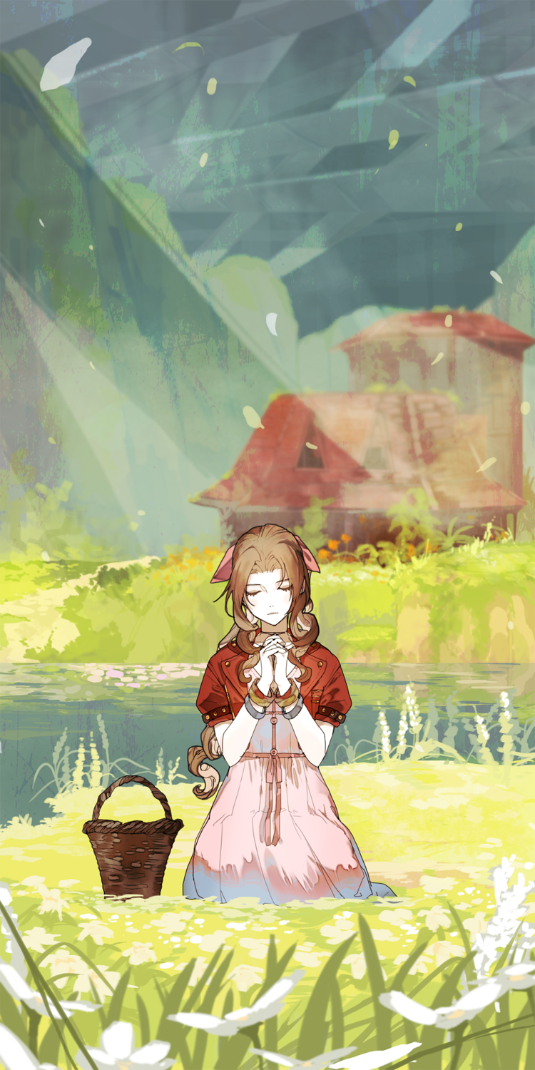 1girl aerith_gainsborough basket bracelet brown_hair closed_eyes closed_mouth commentary cropped_jacket dress facing_viewer final_fantasy final_fantasy_vii final_fantasy_vii_rebirth final_fantasy_vii_remake flower full_body grass hair_ribbon hands_up highres house interlocked_fingers jacket jewelry long_hair outdoors own_hands_clasped own_hands_together parted_bangs pink_dress pink_ribbon razavi red_jacket ribbon seiza short_sleeves sidelocks sitting solo water white_flower