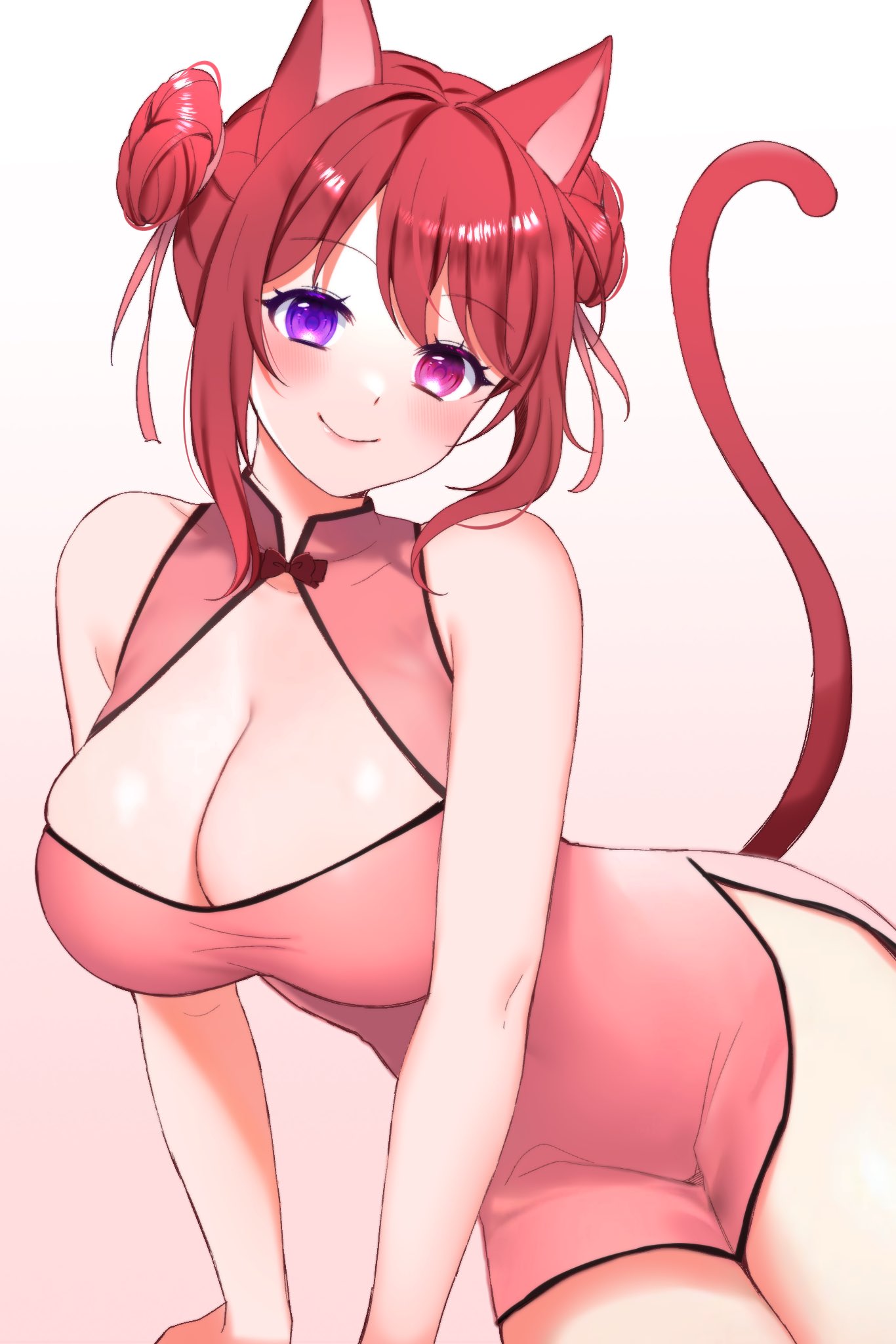 1girl animal_ears blush breasts cat_ears cat_tail china_dress chinese_clothes closed_mouth dress fyirkingdomsis gift_art heterochromia highres indie_virtual_youtuber large_breasts pink_eyes pinky_mikaori purple_eyes red_dress red_hair red_tail second-party_source smile tail virtual_youtuber