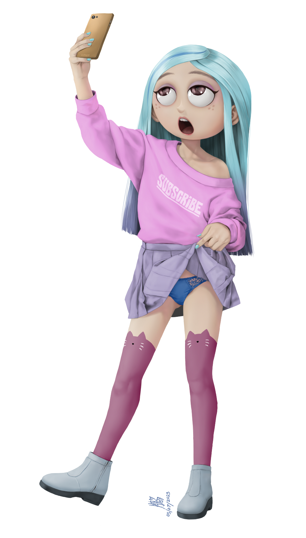 1girl andrea_davenport blue_hair blush brown_eyes cellphone english_text full_body highres light_blue_hair long_hair multicolored_hair open_mouth phone signature smartphone solo streaked_hair the_ghost_and_molly_mcgee uenii white_background