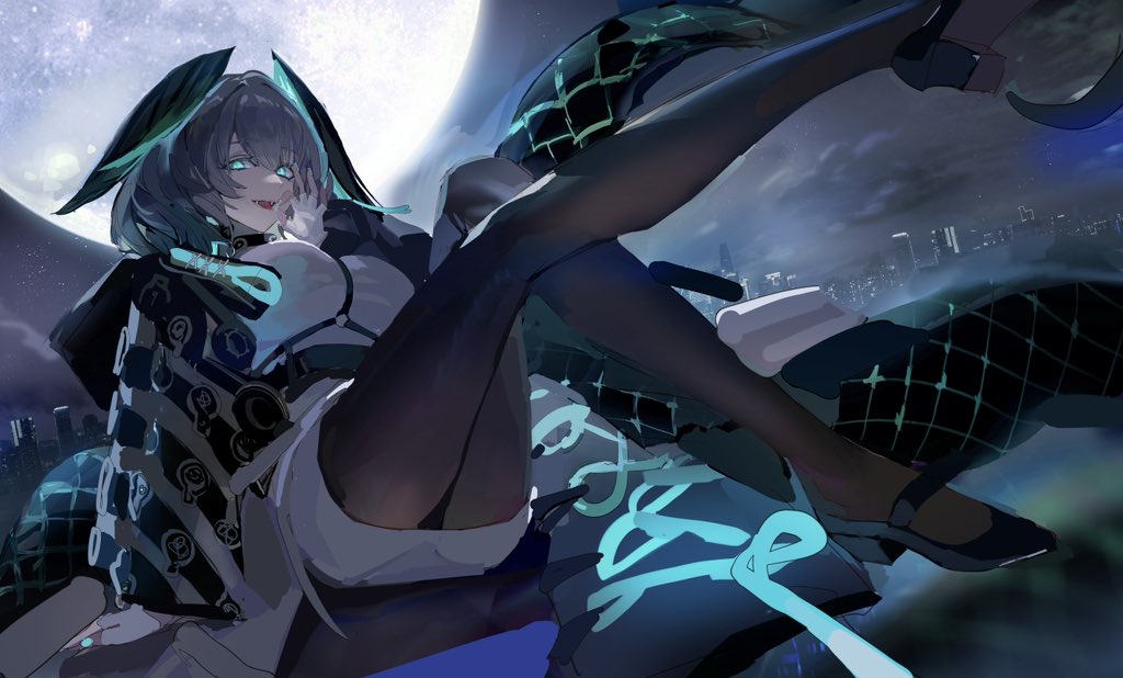 1girl aqua_eyes aqua_wings arknights between_breasts black_pantyhose breasts ccclann cityscape coat dress fingerless_gloves full_body full_moon gloves grey_hair hair_between_eyes head_wings ho'olheyak_(arknights) infection_monitor_(arknights) long_tail looking_at_viewer medium_hair moon moonlight multicolored_coat open_clothes open_coat pantyhose pencil_dress scales shoes snake_tail solo strap_between_breasts tail two-tone_coat two-tone_wings white_gloves wings