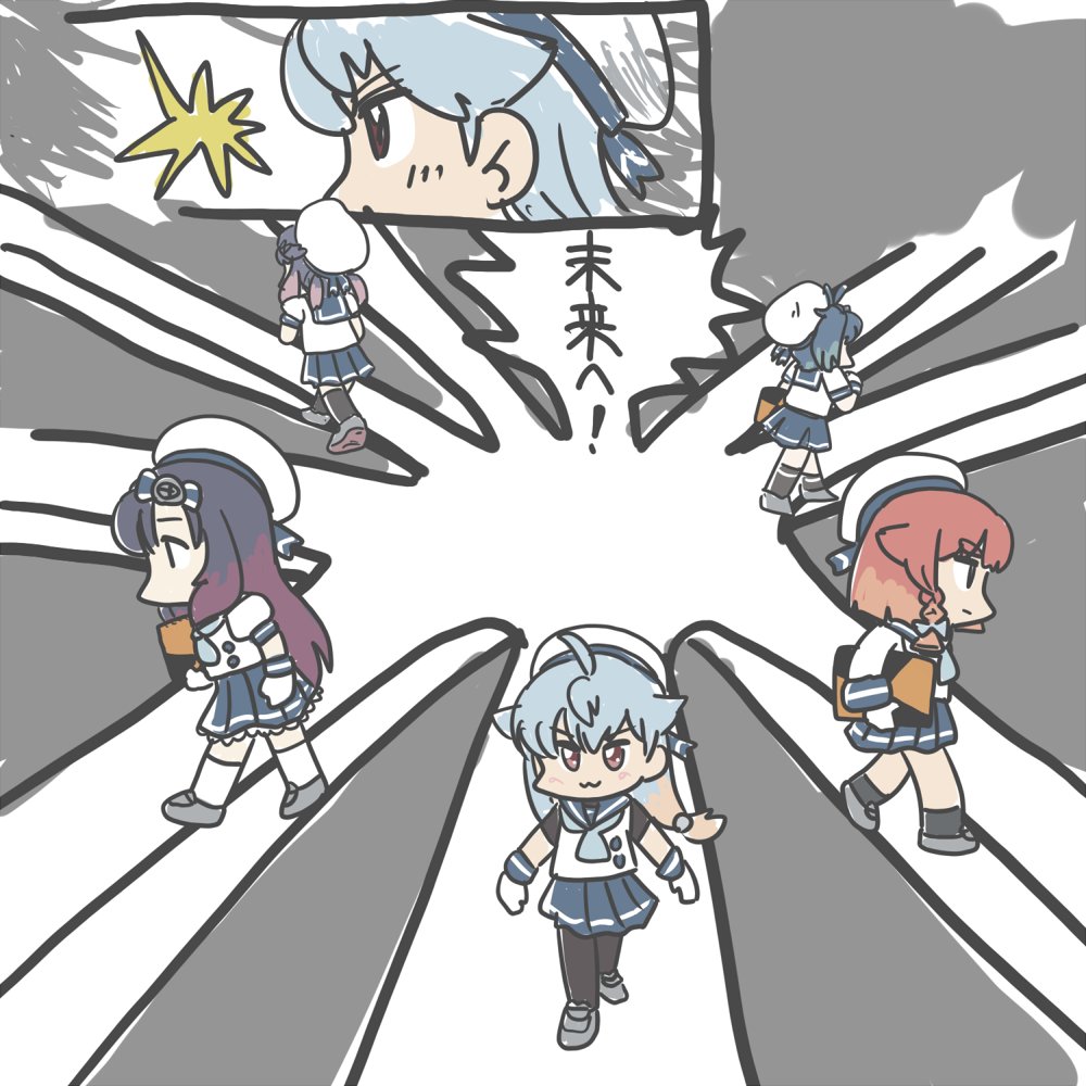 5girls black_hair black_pantyhose blue_hair blue_neckerchief blue_sailor_collar blue_skirt etorofu_(kancolle) ferret-san fukae_(kancolle) hat kantai_collection long_hair matsuwa_(kancolle) multiple_girls neckerchief orange_hair pantyhose parody parody_request pleated_skirt purple_hair red_hair sado_(kancolle) sailor_collar sailor_hat shirt short_hair skirt sleeveless sleeveless_shirt tsushima_(kancolle) undershirt white_hat