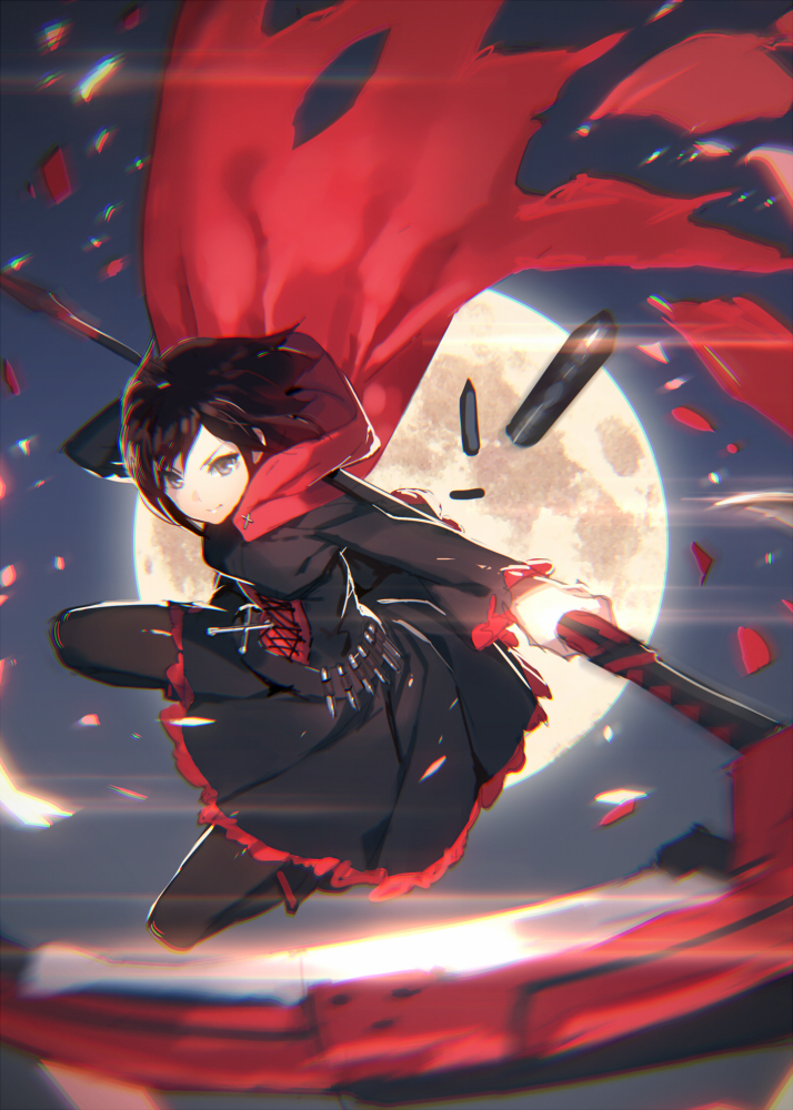 black_dress black_hair blurry cape chromatic_aberration cloak commentary_request crescent_rose cross depth_of_field dress hood hooded_cloak izumi_sai lens_flare looking_at_viewer midair moon motion_blur pantyhose petals red_cape rose_petals ruby_rose rwby scythe short_hair silver_eyes smile solo