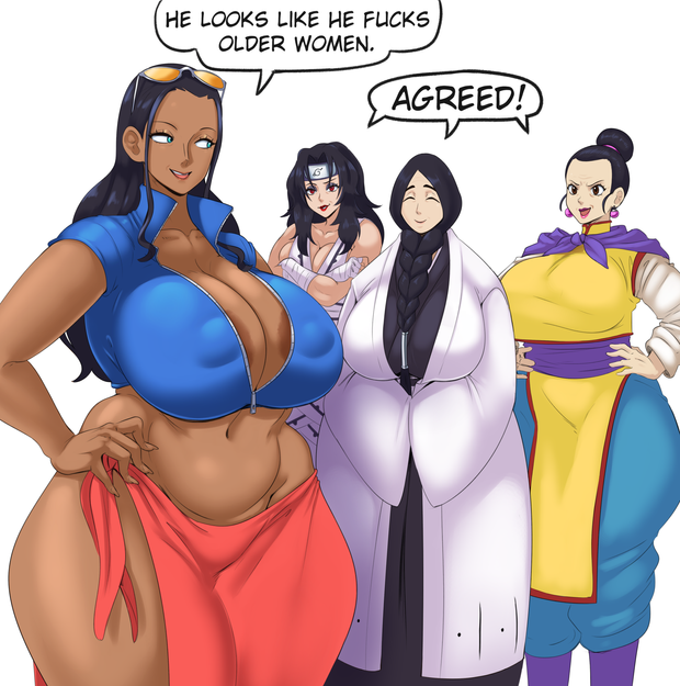 4girls areola_slip black_eyes black_hair black_kimono bleach braid breasts chi-chi_(dragon_ball) chinese_clothes cleavage collarbone covered_nipples curvy dragon_ball earrings forehead_protector front_braid hair_between_breasts hand_on_own_hip huge_breasts ignotoz japanese_clothes jewelry kimono large_areolae large_breasts long_hair mature_female multiple_girls naruto naruto_(series) navel nico_robin ninja nipples no_bra one_piece open_mouth plump puffy_nipples shinigami simple_background smile standing stomach sunglasses talking thick_thighs thighs unohana_retsu wide_hips yuuhi_kurenai