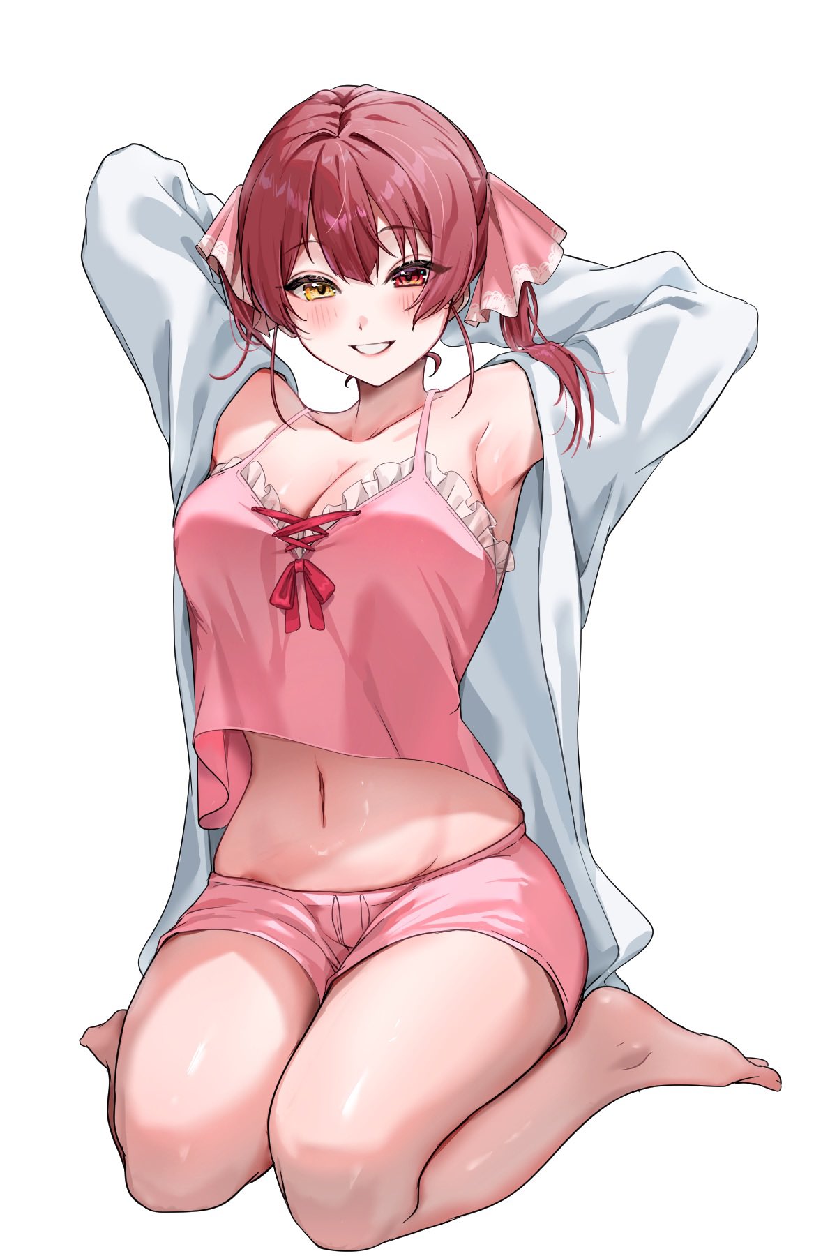 1girl arms_behind_head barefoot blush breasts camisole commentary full_body grin half-closed_eyes heterochromia highres hololive houshou_marine large_breasts long_hair looking_at_viewer monokawa_(iurl1z) navel open_clothes open_shirt pink_camisole pink_shorts red_eyes red_hair shirt shorts simple_background sitting smile solo stomach symbol-only_commentary twintails virtual_youtuber wariza white_background white_shirt yellow_eyes