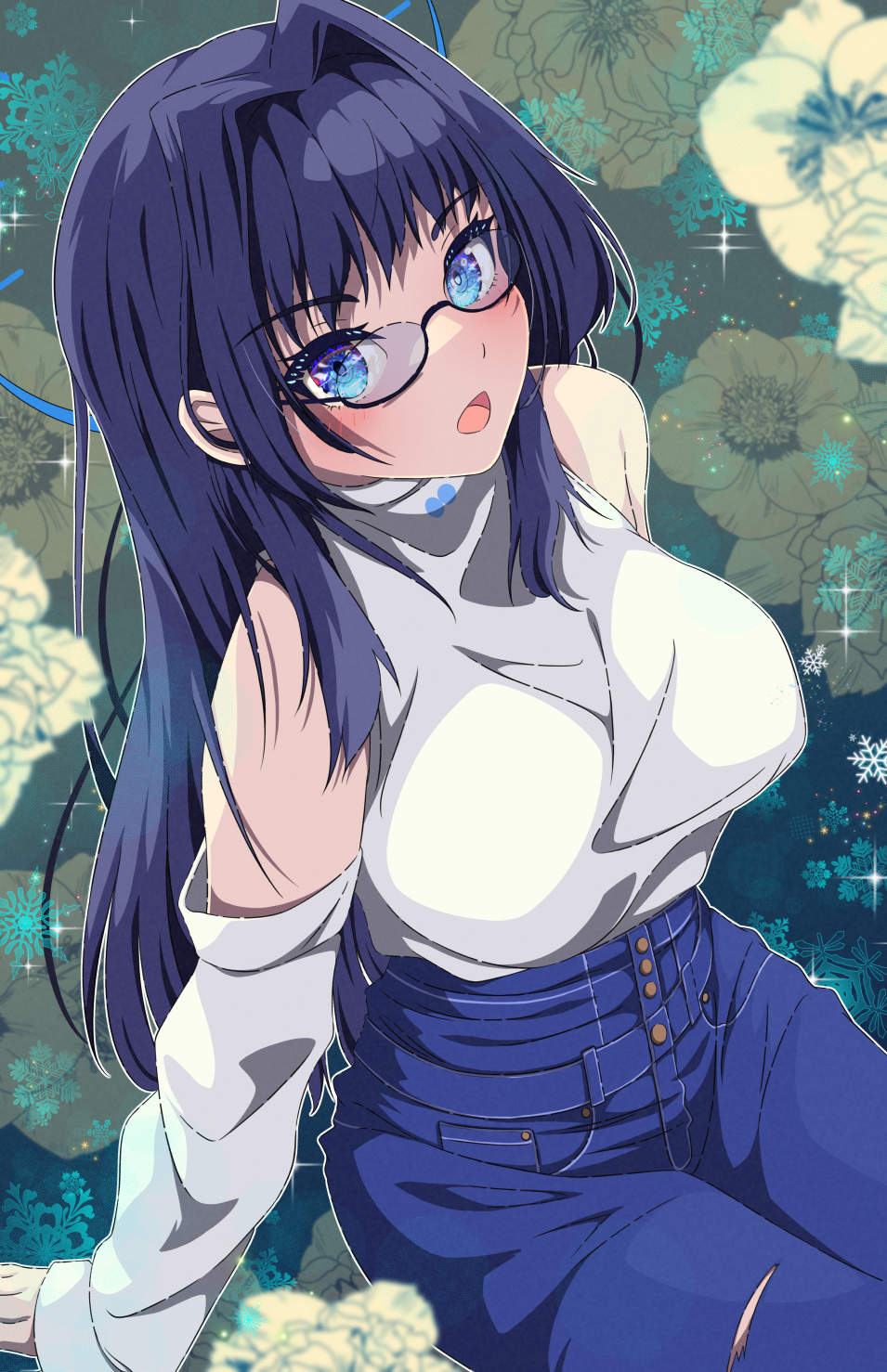 1girl black_hair blue_eyes blue_hair blue_pants blunt_bangs blush breasts colored_inner_hair danball_shiro denim detached_sleeves glasses hair_intakes high-waist_pants highres hololive hololive_english jeans large_breasts long_hair long_sleeves multicolored_hair official_alternate_costume official_alternate_hair_length official_alternate_hairstyle ouro_kronii ouro_kronii_(casual) pants semi-rimless_eyewear solo sweater sweater_tucked_in turtleneck virtual_youtuber white_sweater