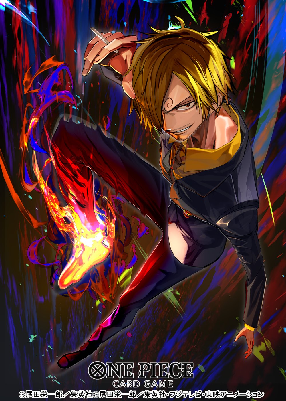1boy black_jacket black_pants blonde_hair cigarette commentary_request copyright_name curly_eyebrows facial_hair fire from_above full_body goatee hair_over_one_eye highres holding holding_cigarette incoming_attack jacket looking_at_viewer male_focus mustache_stubble official_art one_piece pants ryudaman sanji_(one_piece) shirt short_hair solo stubble suit yellow_shirt