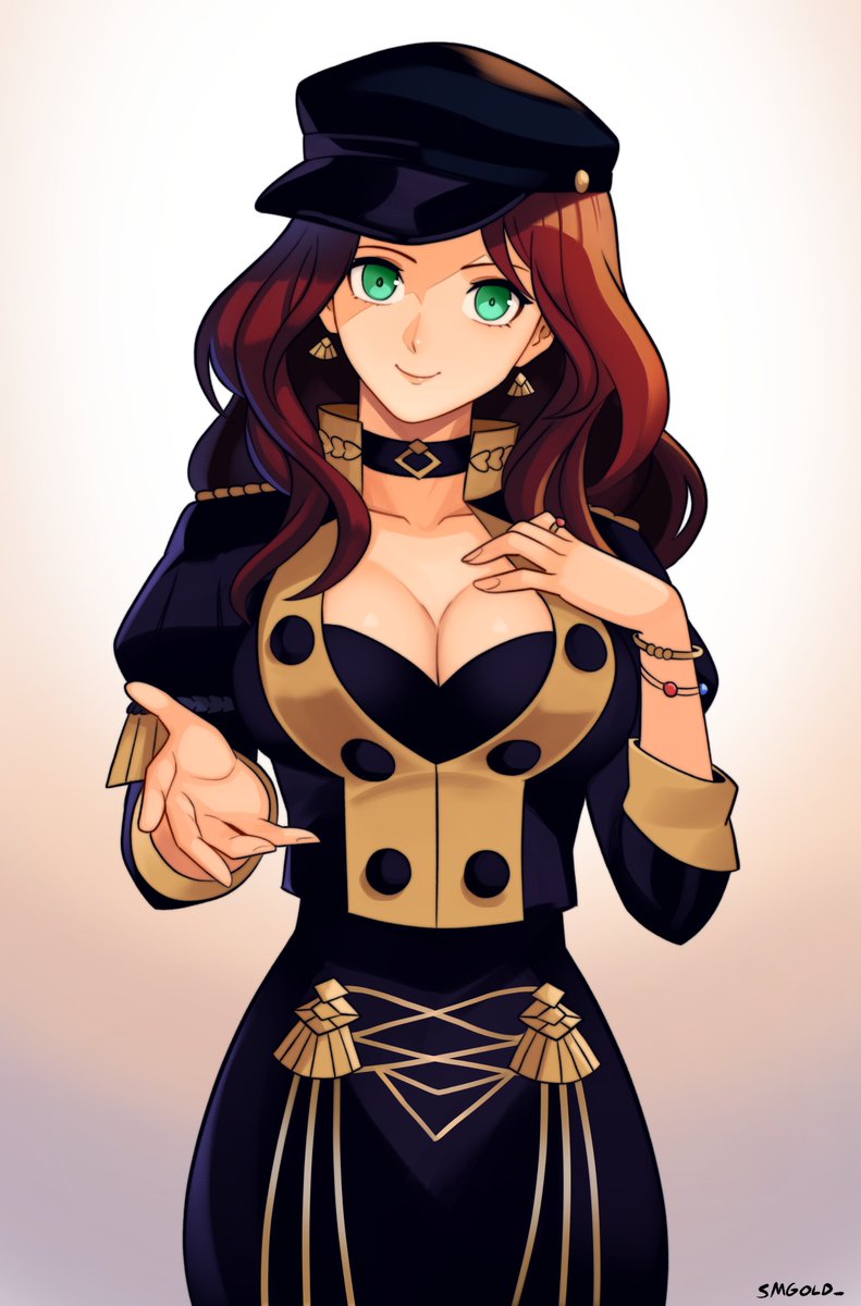 1girl artist_name black_hat bracelet breasts brown_hair buttons cabbie_hat cleavage closed_mouth commentary dorothea_arnault english_commentary fingernails fire_emblem fire_emblem:_three_houses garreg_mach_monastery_uniform green_eyes hat head_tilt highres jewelry large_breasts long_hair long_sleeves smgold smile solo wavy_hair