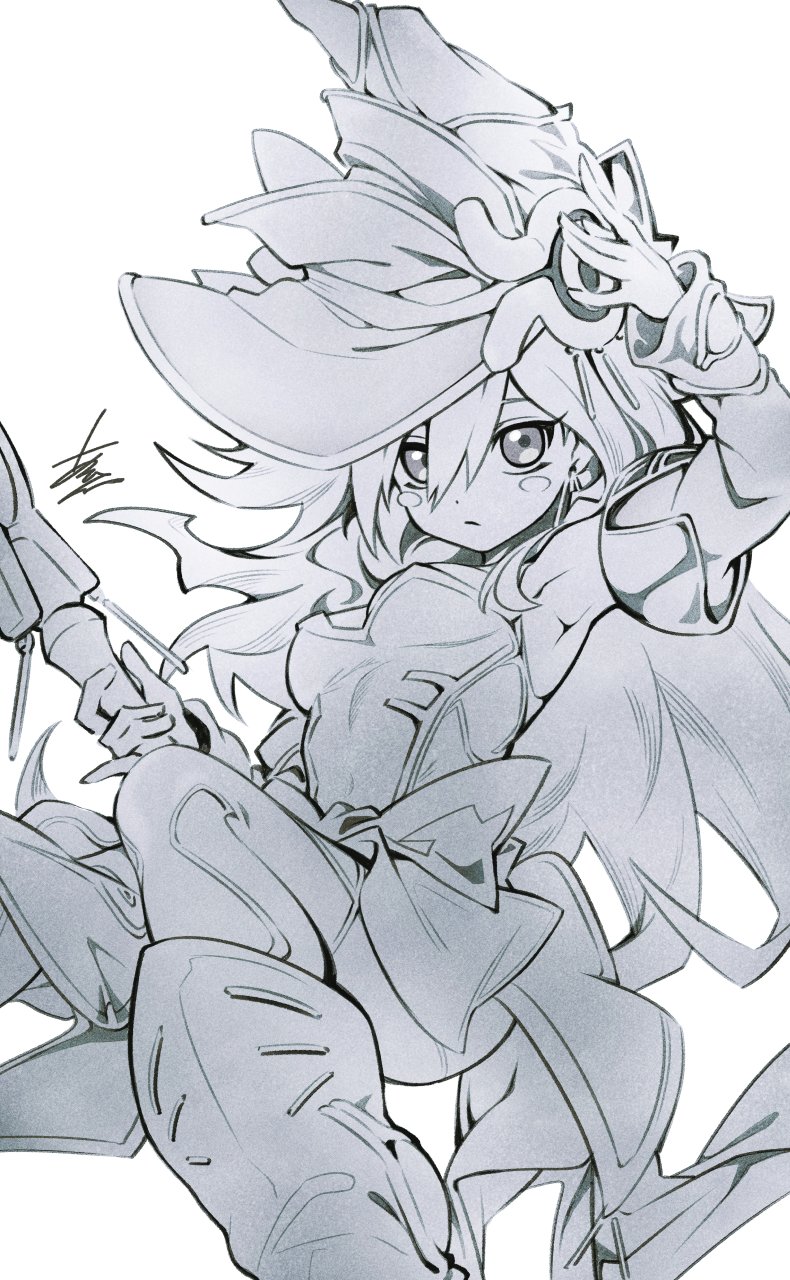 1girl arikanrobo blush_stickers breasts duel_monster greyscale hat highres long_hair looking_at_viewer monochrome nightmare_apprentice simple_background small_breasts solo white_background witch witch_hat yu-gi-oh!
