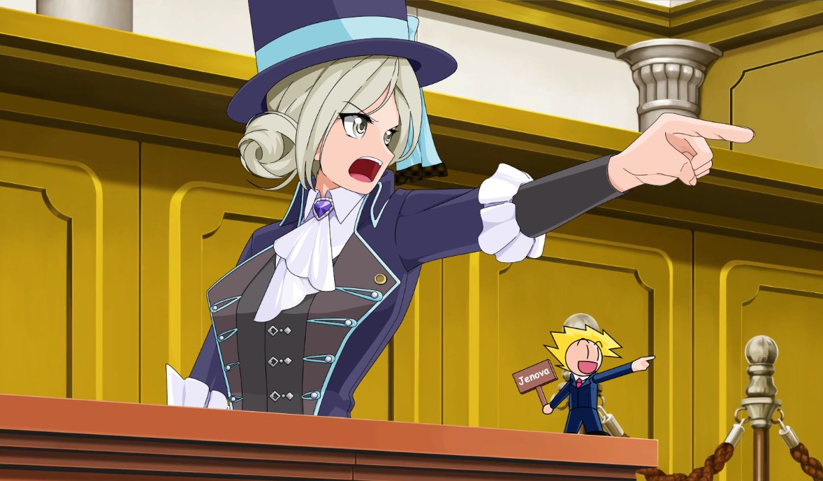 1girl ace_attorney artist_name ascot black_vest blue_bow boater_hat bow coat collared_shirt courtroom doll grey_eyes grey_hair hair_bun hat hat_bow jenova_(crimsonedge) long_sleeves looking_to_the_side objection open_mouth outstretched_arm parody pointing purple_brooch purple_coat purple_hat reverse:1999 shirt short_hair shouting single_side_bun solo stanchion upper_body vertin_(reverse:1999) vest waistcoat white_ascot white_shirt