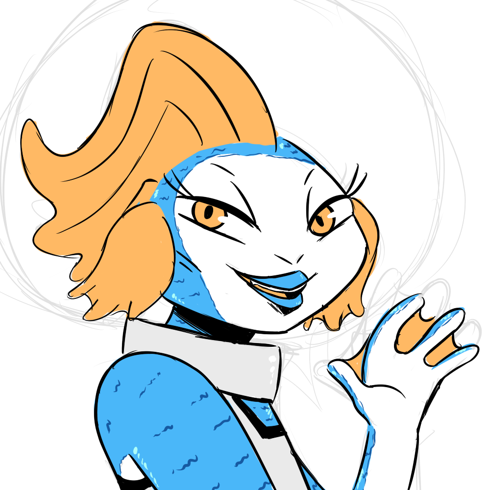 2018 anthro clothed clothing ear_fins female fin fish head_fin inkyfrog looking_at_viewer marine orange_eyes simple_background solo waving webbed_hands white_background
